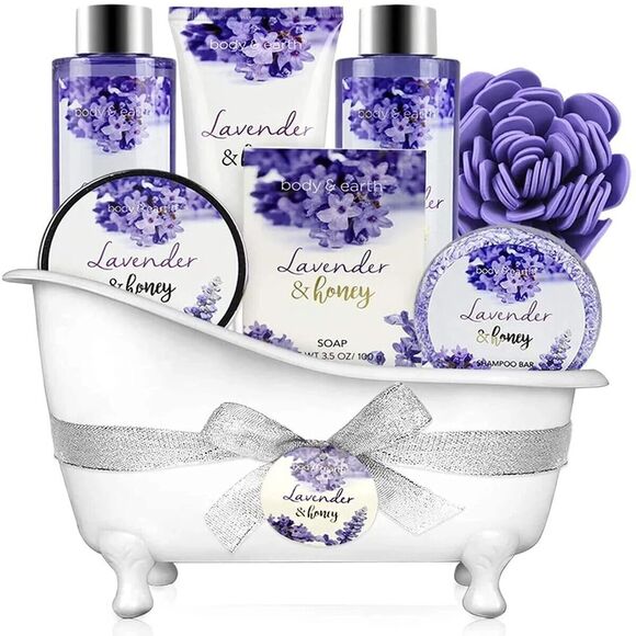 Bath and Body Gift Set for Women 8 Pcs Lavender and Honey Spa Baskets Valentine